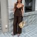 Women's Sexy Resort Style Deep V Suspender Wide Leg Pants Set Spring Summer European American Fashion_ecoleips.com
