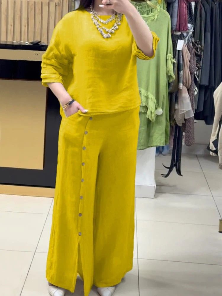 Women's Clothing Fashion Casual Loose Solid Color Cotton And Linen Short Sleeved Shirt Long Pants Two Piece Suit_ecoleips.com