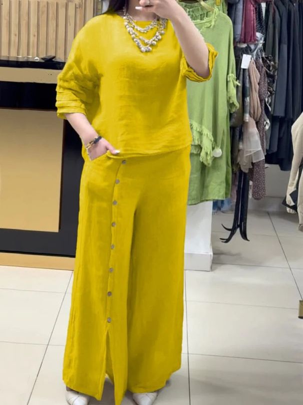 Women's Clothing Fashion Casual Loose Solid Color Cotton And Linen Short Sleeved Shirt Long Pants Two Piece Suit_ecoleips.com