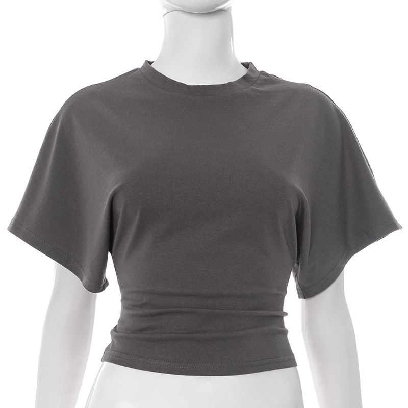 Women's Pure Cotton Short Sleeve T-Shirt Relaxed Fit Cropped Top round Neck with Waist Definition_ecoleips.com