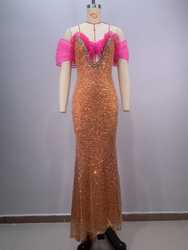 Women's Clothing Deep V Neck Bright Pink Nail Diamond Unique One Shoulder Design High Waist Slimming Party Dress_ecoleips.com