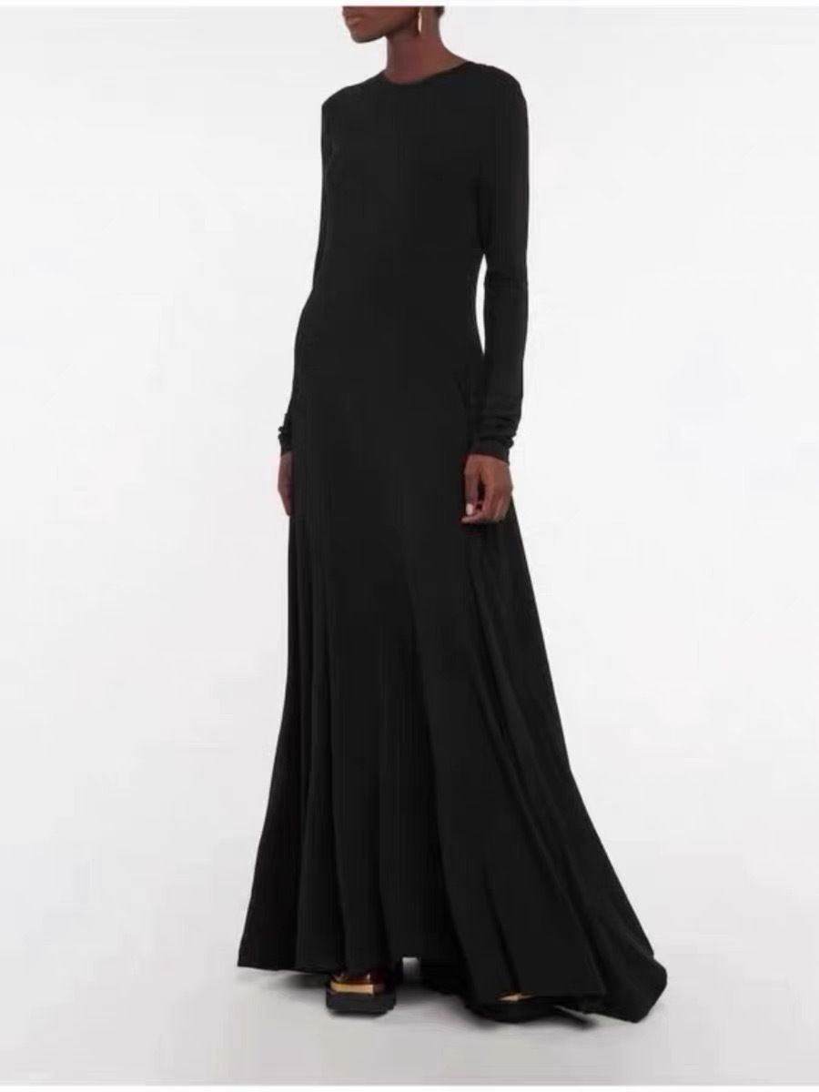 Women's Clothing Elegant Temperament Cotton Blended Knitted Front Embroidery Elastic Long Sleeve Dress_ecoleips.com