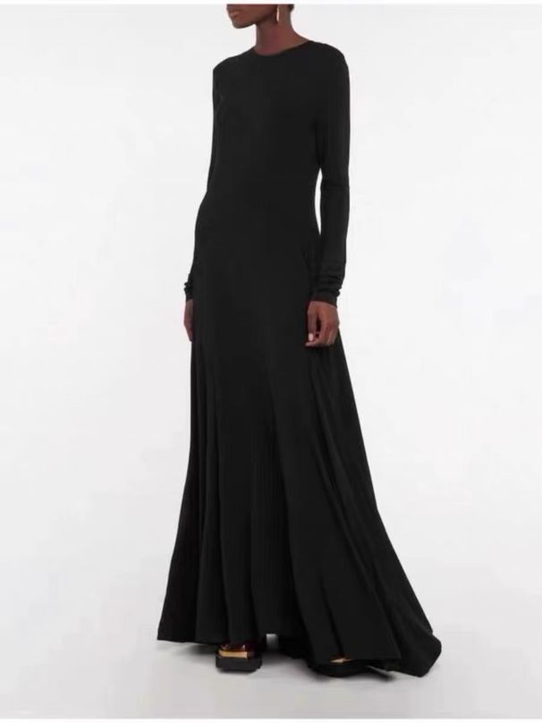 Women's Clothing Elegant Temperament Cotton Blended Knitted Front Embroidery Elastic Long Sleeve Dress_ecoleips.com