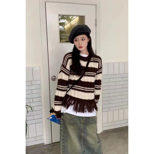Winter/Summer Korean-French Retro Colorful Striped Fur Sweater With Frills: A Stylish, Slimming Short Knit Top For Women_ecoleips.com