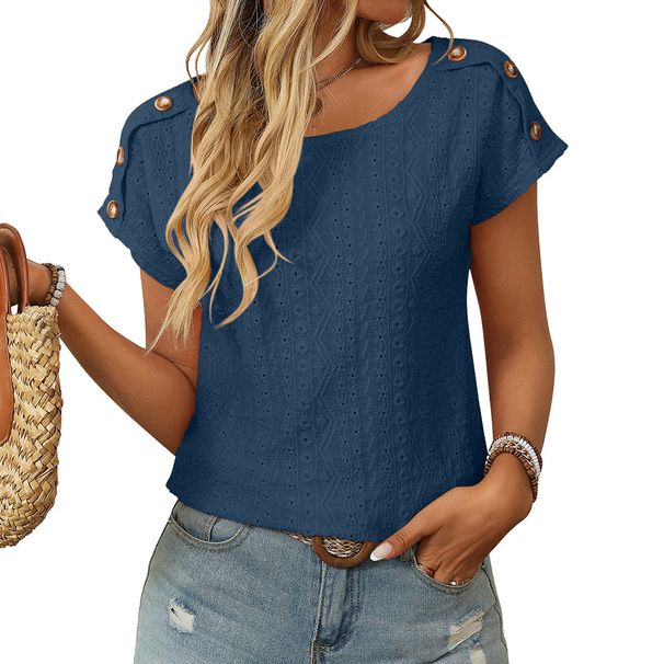Women's Clothing Solid Color Round Neck Button Short Sleeved T-Shirt Spring Summer New Style American Hollow Top_ecoleips.com