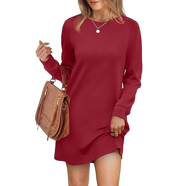 Women's Long Sleeve Sweater Dress Round Neck Back Pleated Pocket_ecoleips.com