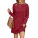 Women's Long Sleeve Sweater Dress Round Neck Back Pleated Pocket_ecoleips.com