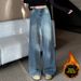 Women's Clothing Versatile Rhinestone Straight Leg Wide Leg Jeans Petite Regular Thickness Polyester Solid Pattern England Style Fashion_ecoleips.com
