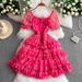 Women's Clothing Style Three Dimensional Flower Square Neck Short Sleeved Dress Female Celebrity Super Fairy Print Waist Slim Cake Mid Length Skirt_ecoleips.com