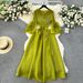 Women's design tassel V-neck slim long heavy-duty pleated trumpet sleeve dress for women_ecoleips.com