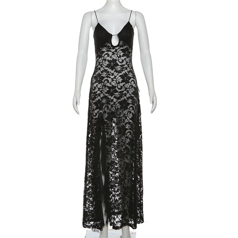 2025 Summer New Women's Clothing Sexy Pure Black Lace Hollow High Slit Dress_ecoleips.com