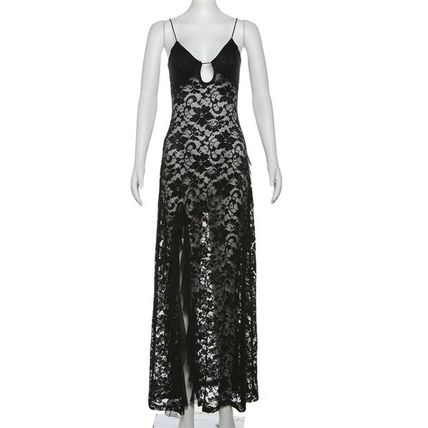 2025 Summer New Women's Clothing Sexy Pure Black Lace Hollow High Slit Dress_ecoleips.com