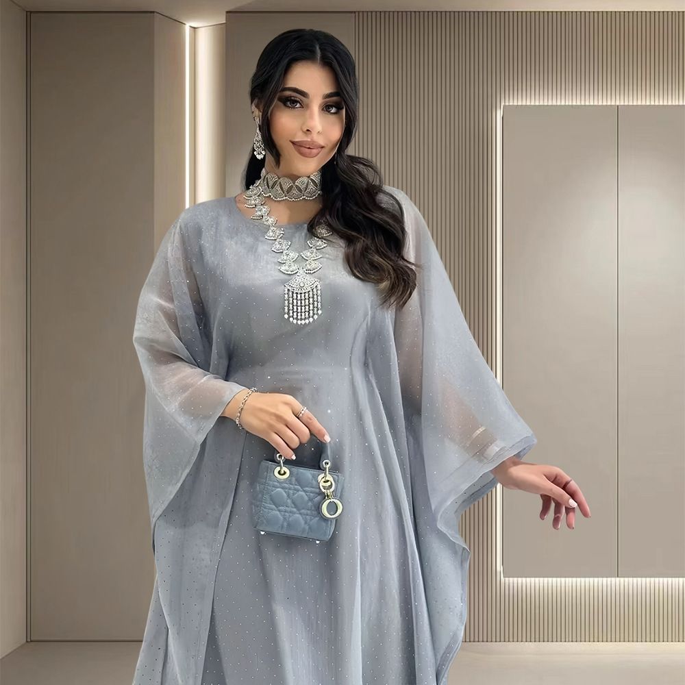 Modest Abaya Dress Plus Size Rhinestone Decorated Sheer Batwing Sleeve Long Robe For Women Middle Eastern Style Luxurious Polyester Dress_ecoleips.com