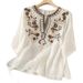 Embroidered V-Neck Cotton And Linen Summer Artistic Casual Blouse, Loose Mid-Sleeve Slimming Short-Sleeved Top For Women_ecoleips.com