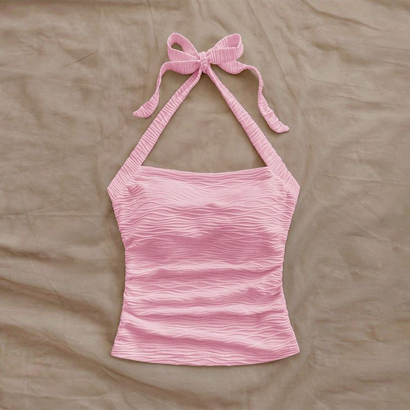 Elegant Women's Halter Neck Cami Top Tie-Front Summer Sleeveless Blouse Sexy Ribbed Knit Stretch Casual Wear_ecoleips.com