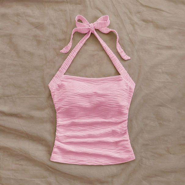 Elegant Women's Halter Neck Cami Top Tie-Front Summer Sleeveless Blouse Sexy Ribbed Knit Stretch Casual Wear_ecoleips.com