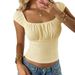 Voya Women's Retro Square Neck Fashionable Pleated Waist Cinching Short Spicy Girl Top_ecoleips.com
