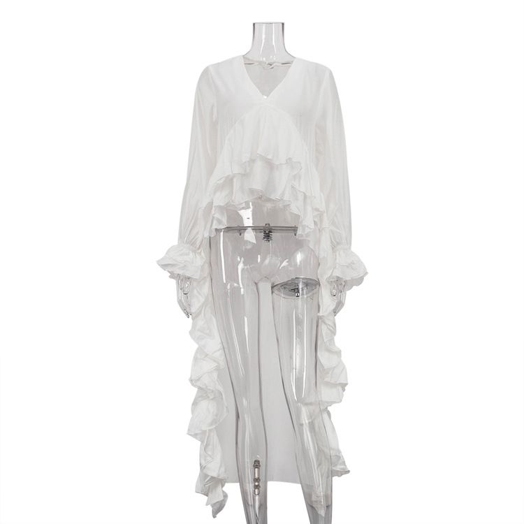 K Uniquely Designed Ruffled Hem With A Drag Down Hem, Women's Shirt With V-neck And Flared Sleeves, Beach Style Top_ecoleips.com