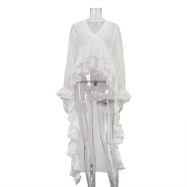 K Uniquely Designed Ruffled Hem With A Drag Down Hem, Women's Shirt With V-neck And Flared Sleeves, Beach Style Top_ecoleips.com