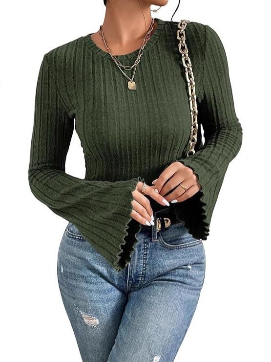 Women's Clothing Long Sleeve T-Shirt 8X4 Ribbed Brushed Round Neck Top American Style Fashionable Popula_ecoleips.com
