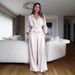 Elegant Notch Lapel Long Sleeve Blouse & High-Waist Trousers Set For Women, Office To Casual Chic, Stretch Comfort Fit, Ocean Green & Coffee Brown_ecoleips.com