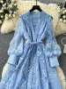 Spring Autumn French High-end Women's Dress New Lace Embroidery V-neck Lantern Sleeves Single Breasted Party Birthday Dress C192_ecoleips.com