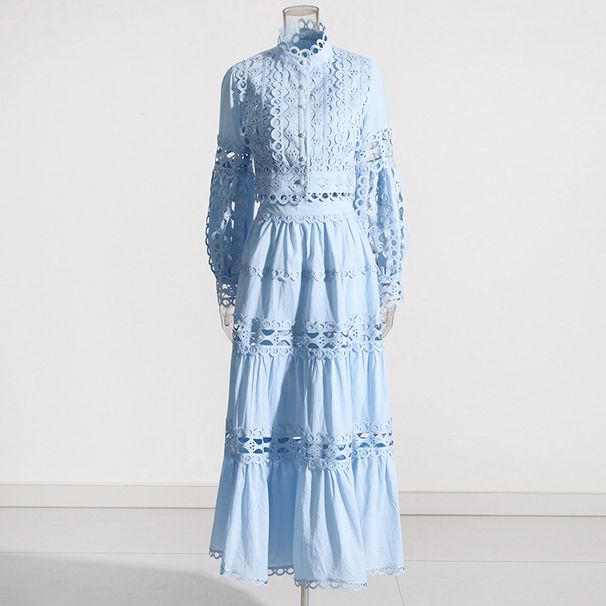 Women's Clothing Retro celebrity style autumn new lace collar long sleeved waist baring shirt high waisted skirt solid color two piece suit_ecoleips.com