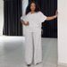 Women's Spring Clothing Set Casual Loose V Neck Top With Drawstring Short Sleeves Matching Trousers_ecoleips.com