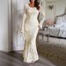 Elegant Flared-Sleeve Bodycon Dress - Polyester Jacquette, Round Neck, Long Sleeve, Mid Waist, S-XL"_ecoleips.com