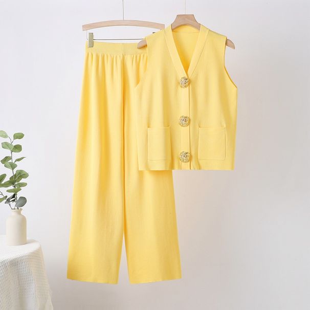 Women's Summer Knit Top & Wide Leg Pants Set – Sleeveless Button-Up & Flowy Trousers – One Size Fits All_ecoleips.com