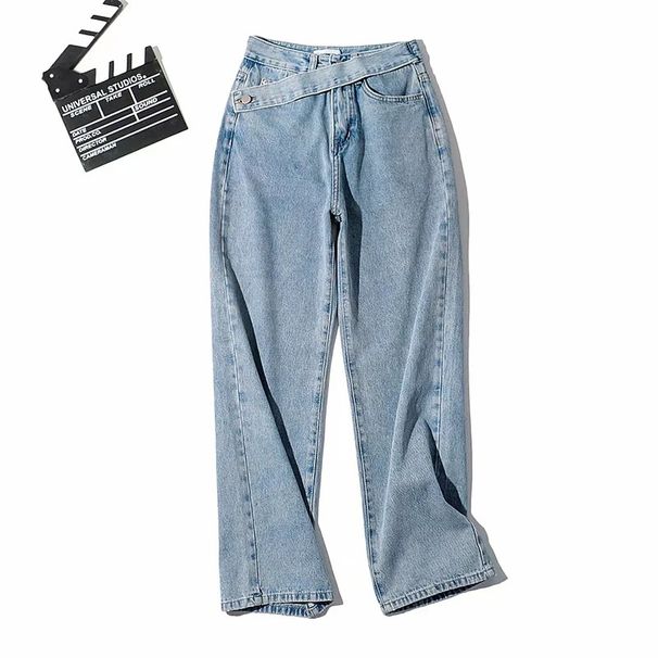 Hot Girl Summer New Fashion Oblique Belt Loose Slim High Waist Wide Leg Straight Jeans Women's Trousers Trend_ecoleips.com