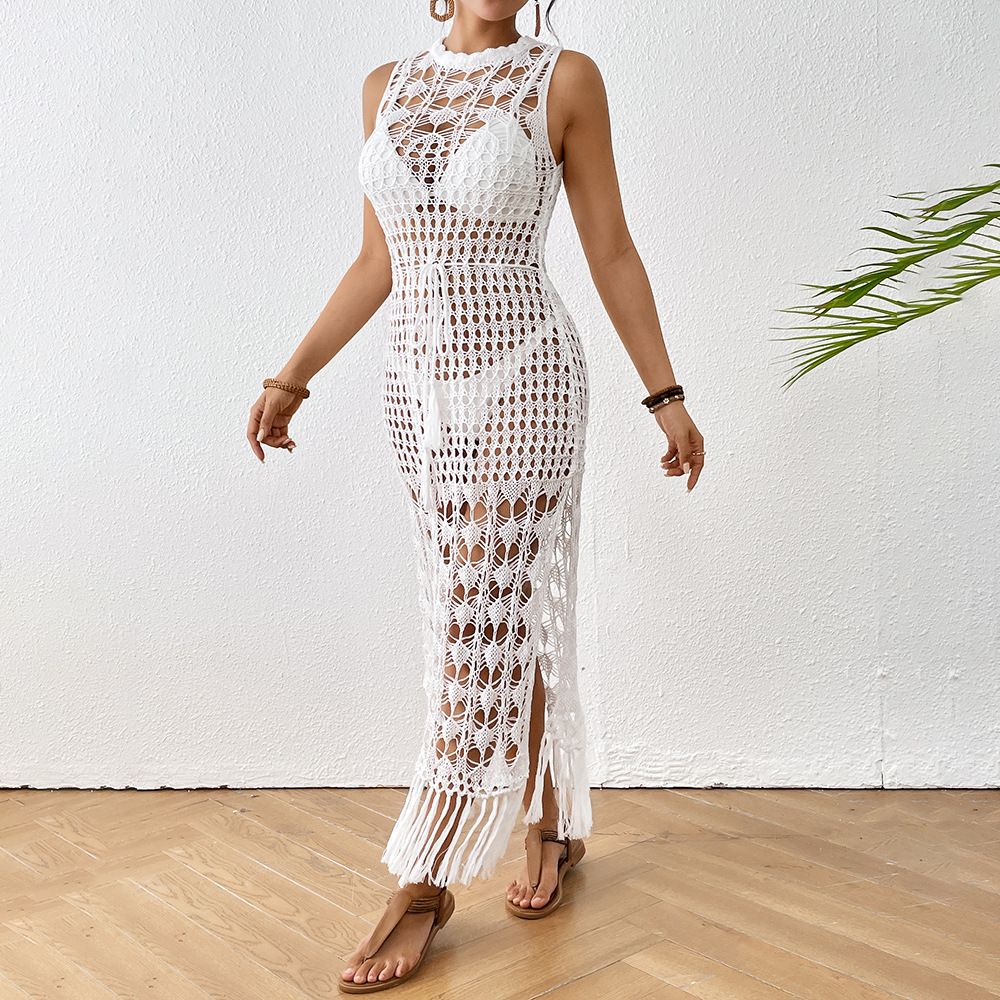 Women's Clothing Hollow Floral Beach Skirt Waist Strap Tassel Long Skirt Popular Beach Skirt_ecoleips.com
