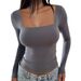 Voya Women's European And American 2026 Spring/Summer Y2K New Square Neck Long Sleeve Pullover Slim Fit Casual Shirt_ecoleips.com