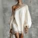 Women's Clothing Summer Lace Trim Off-Shoulder Long Sleeve Casual Top Solid Color_ecoleips.com