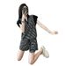 Petite Women's Korean Style Slimming Striped Sportswear Set Casual Summer Two Piece Outfit with Short Sleeved Top And Shorts_ecoleips.com