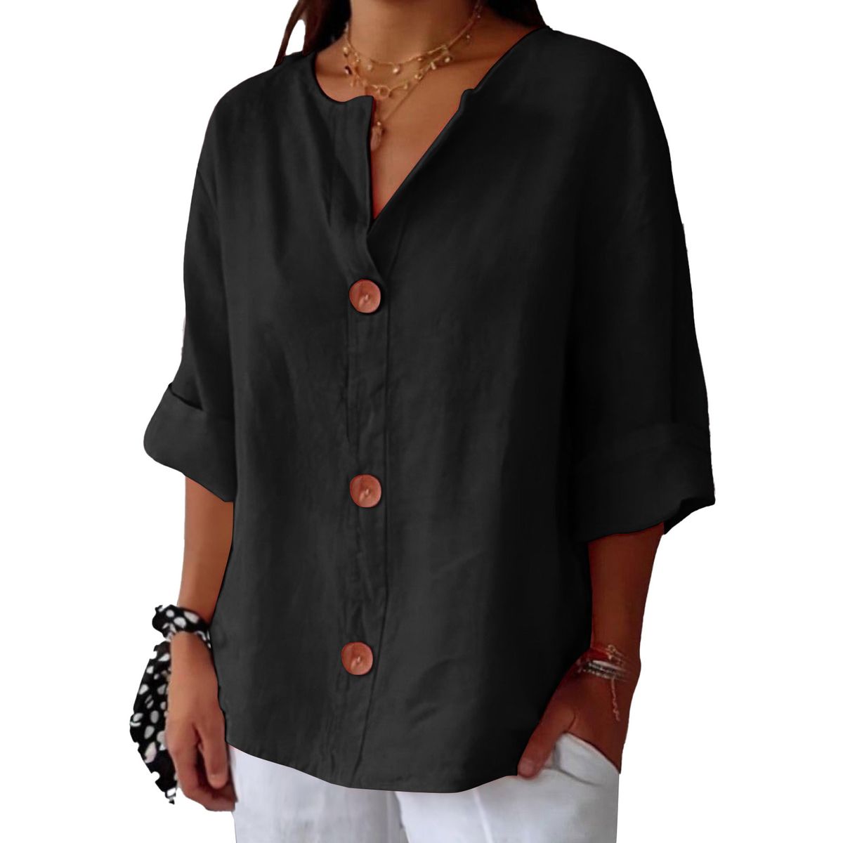 New Loose T-shirt Cotton And Linen Slit Button Top Women's Shirt T-shirt_ecoleips.com