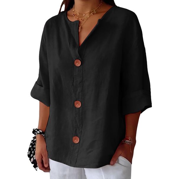 New Loose T-shirt Cotton And Linen Slit Button Top Women's Shirt T-shirt_ecoleips.com