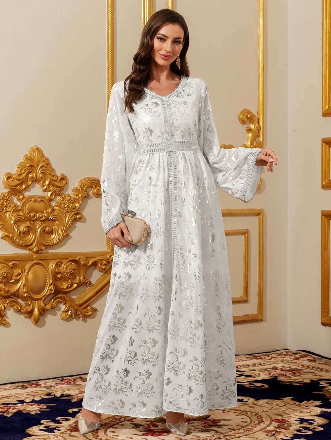 Modest Abaya Dress Elegant V-Neck Abaya Dress – Premium Embellished Muslim Long Sleeve Robe For Dubai & Middle East (White, XS-L)_ecoleips.com