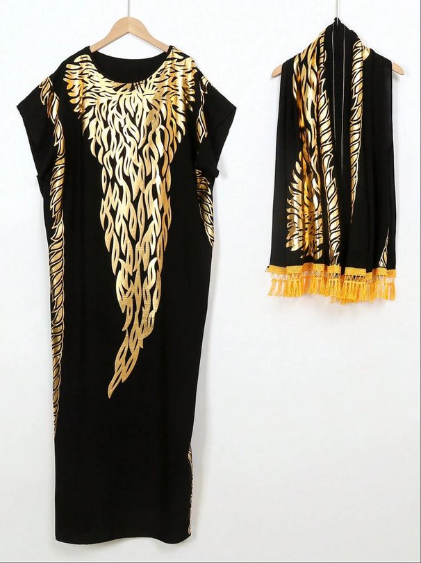 Muslim Rayon Gold Foil Robe Large Headscarf Set_ecoleips.com