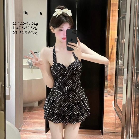 Women Hanging Neck Sweet Dot Swimwear Sexy One-piece Beach Wear Swim Suit Beach Dress Swimsuit High Waist Bathing Suit For Girls_ecoleips.com