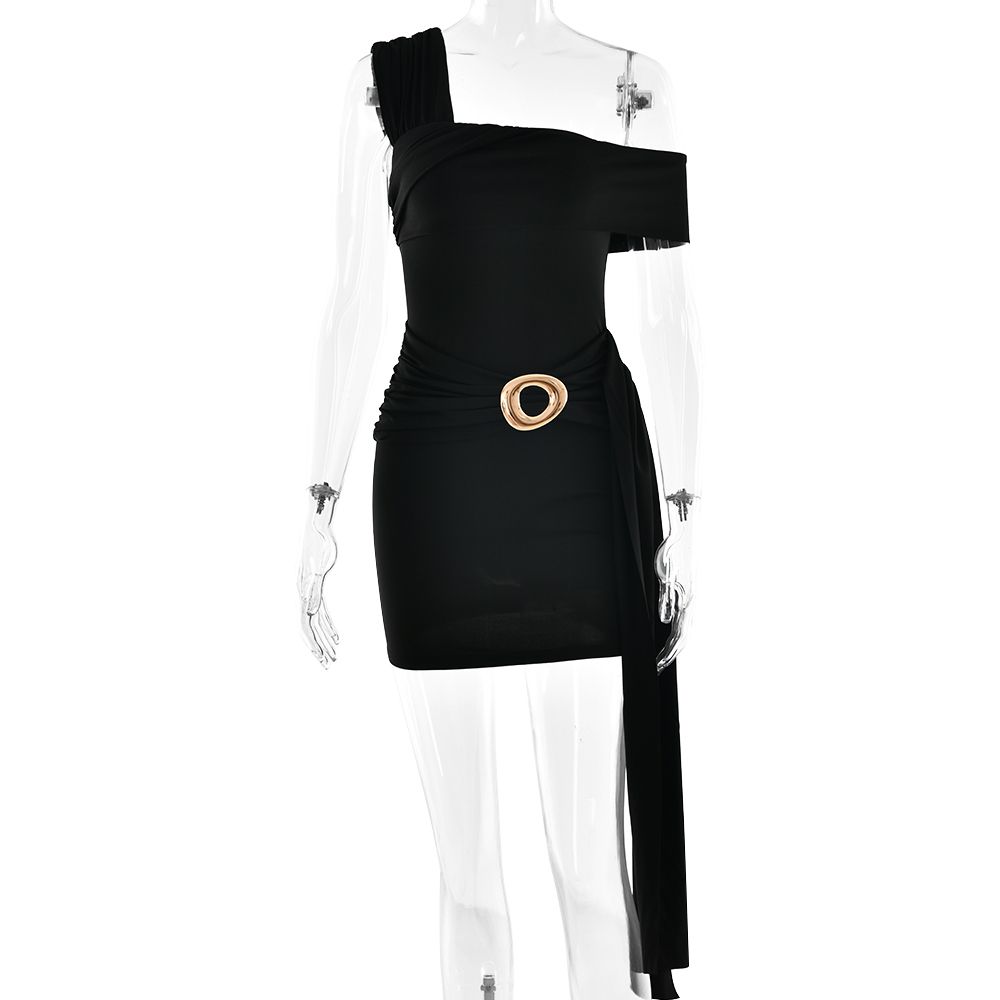 Absobe Women's One Shoulder Sleeveless Sexy Mini Dress Metal Buckle Backless Ruched Ribbon Silm Bodycon Short Dress Partywear_ecoleips.com