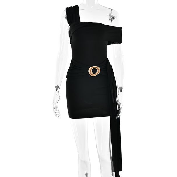 Absobe Women's One Shoulder Sleeveless Sexy Mini Dress Metal Buckle Backless Ruched Ribbon Silm Bodycon Short Dress Partywear_ecoleips.com