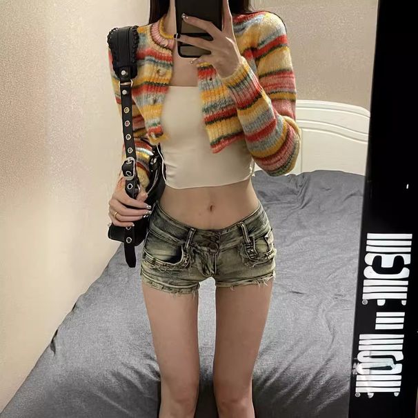 2025s Y2K American Style Spicy Girl Willow Ruffle Low Waist Denim Shorts 2025 New Women's Internet Celebrity Pants_ecoleips.com