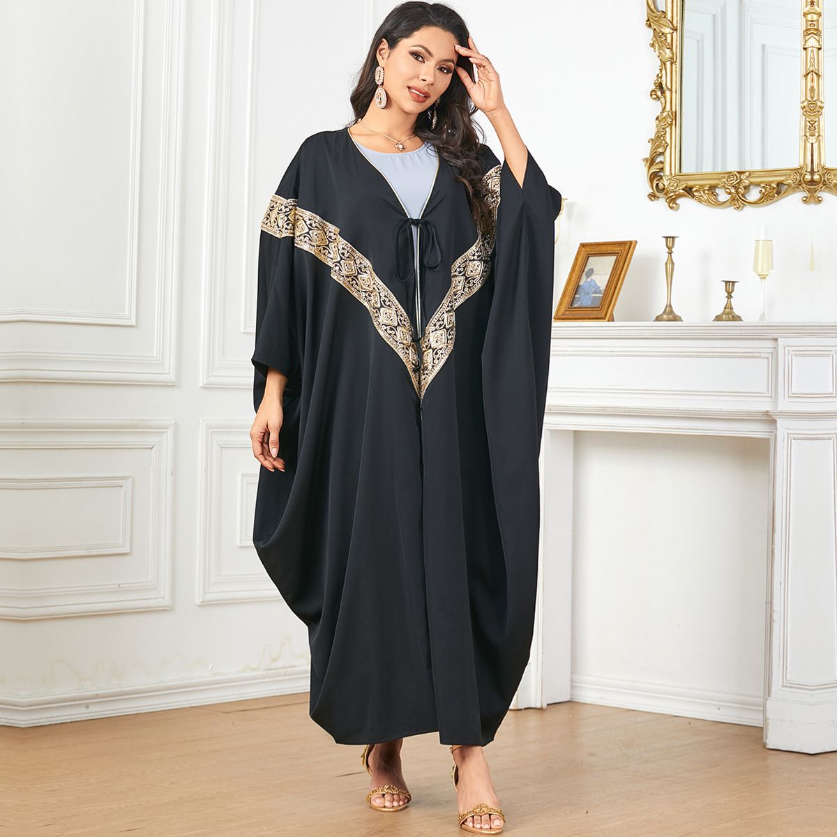 3784 Dubai Loose Muslim Robe Cardigan Women's Batwing Sleeve Dress_ecoleips.com