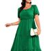 Women's Clothing Puff Sleeve Square Neck Back Pleated Short Sleeve Pocket Dress_ecoleips.com
