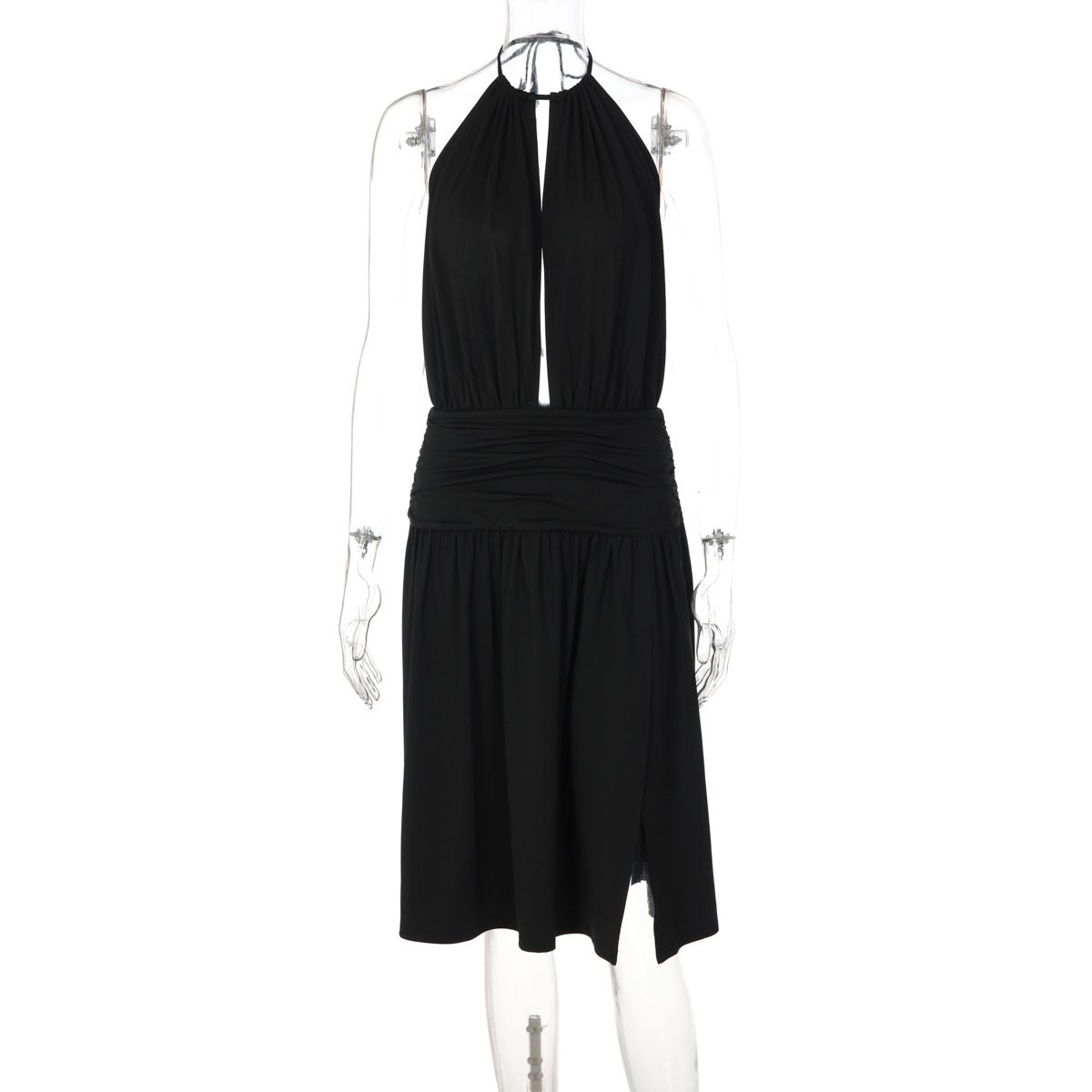 Women's Deep V Neck Backless Halter Neck Dress Sexy Tie up Waist Slit European American Style Casual Dress_ecoleips.com