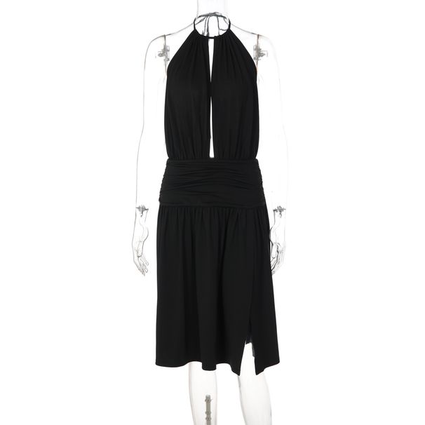 Women's Deep V Neck Backless Halter Neck Dress Sexy Tie up Waist Slit European American Style Casual Dress_ecoleips.com