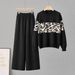 Women's Leopard Print Knit Two Piece Suit round Neck Long Sleeve Top with Casual Wide Leg Pants European American Style for Autumn Winter_ecoleips.com