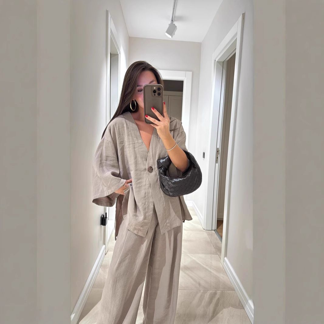Women's Fashion Casual Set: V-Neck One-Piece Loose-Fitting Long-Sleeved Top With High-Waisted Pants_ecoleips.com