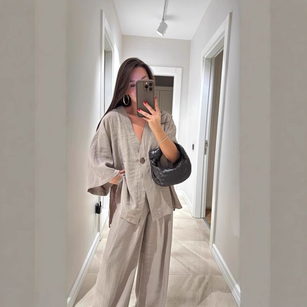 Women's Fashion Casual Set: V-Neck One-Piece Loose-Fitting Long-Sleeved Top With High-Waisted Pants_ecoleips.com
